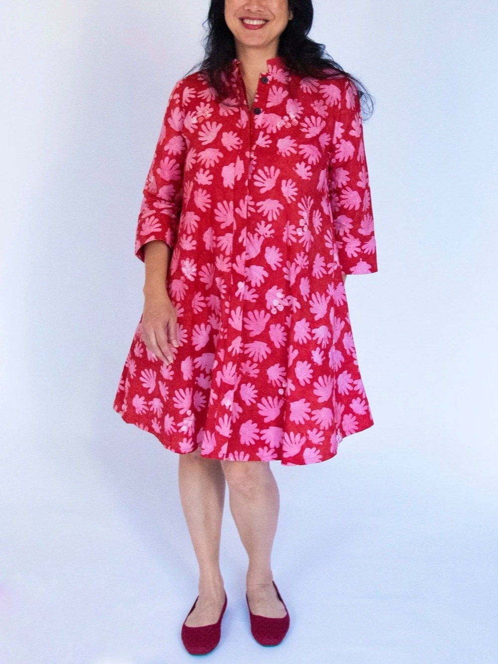 Zuri Sea++ Hand Block Batik Coral Print Midi Dress Red Cotton Button Front-Large